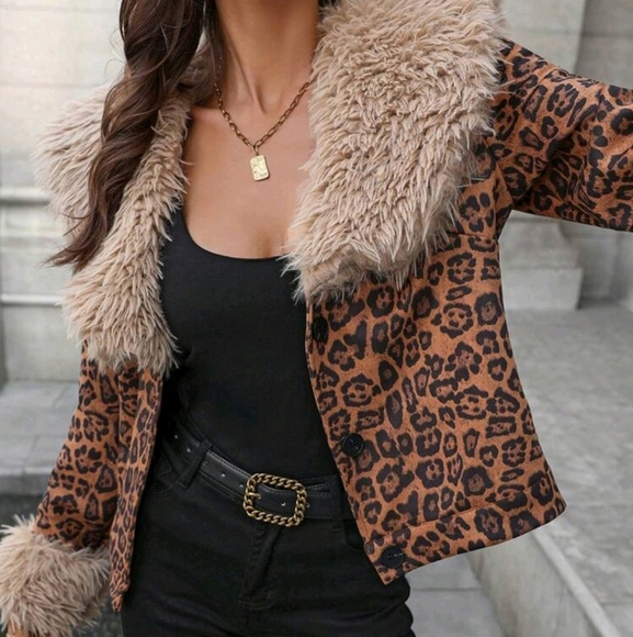 Jackets & Blazers - Features Lightning Fur Collar And Cuffs Leopard Print Fabric Coat